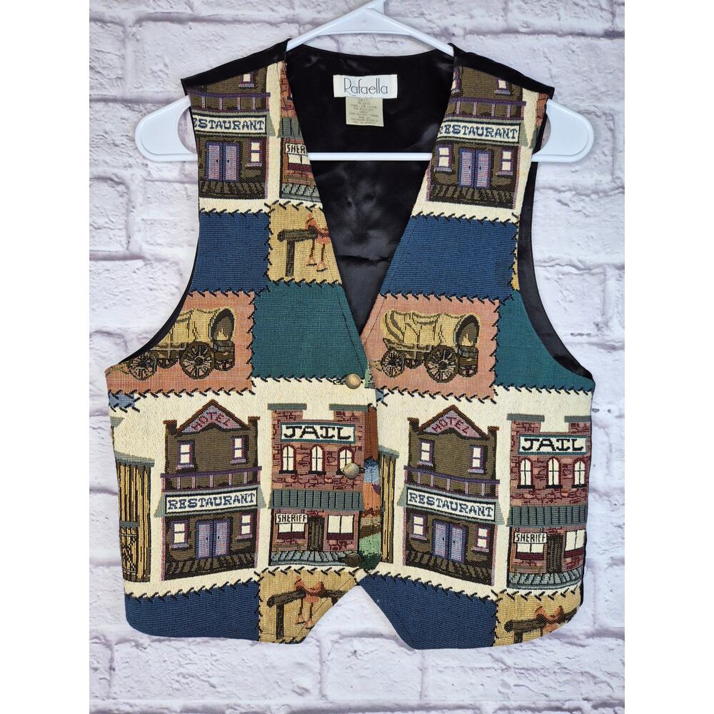 Vtg 90s Rafaella Western Tapestry Vest Small Cowboy Saloon Jail Wagon Waistcoat - Picture 2 of 4